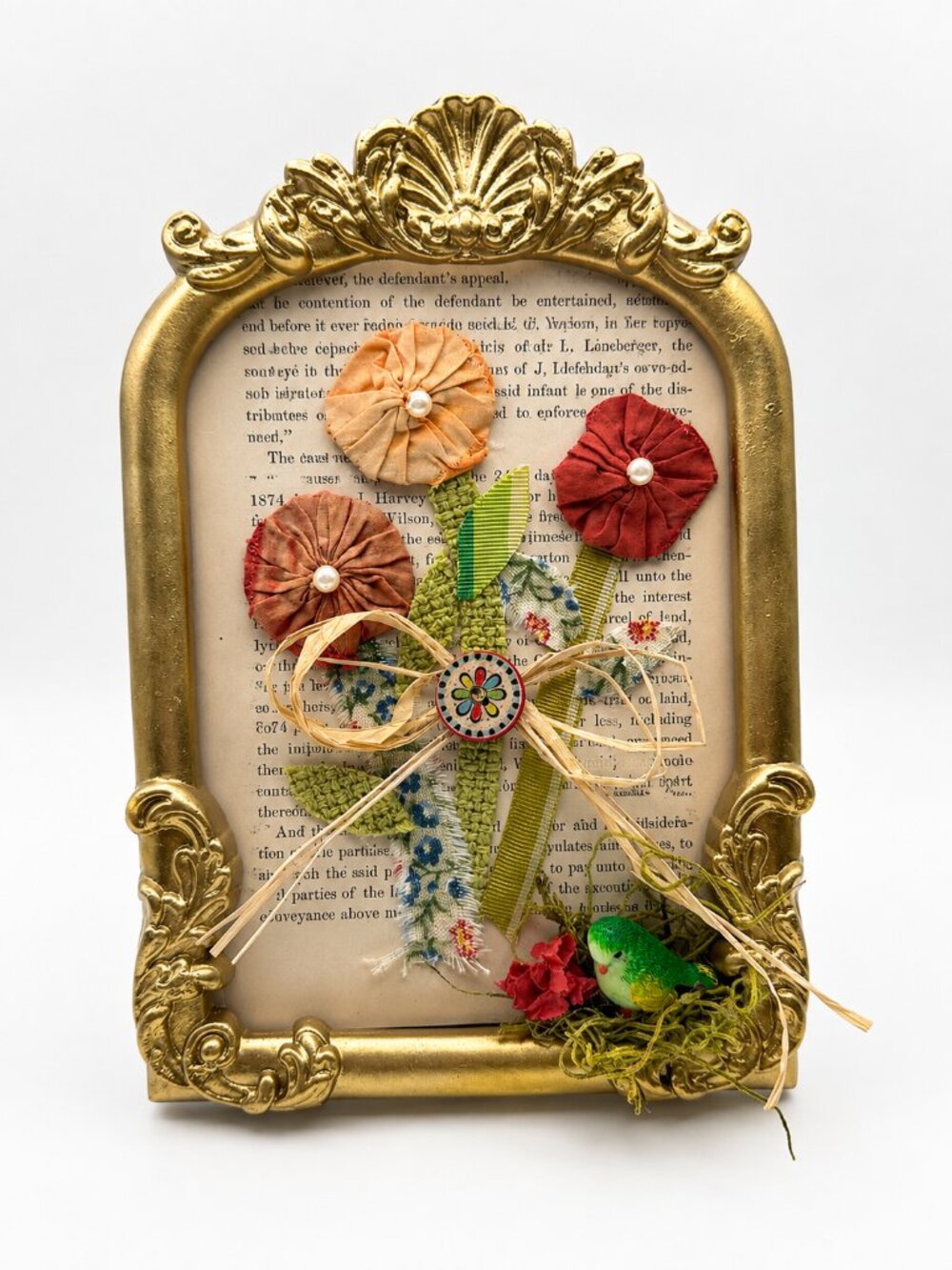 Handcrafted Victorian Style Bird Flower Garden Assemblage Art
